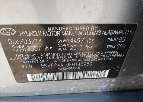 2015 Hyundai Sonata Se из США, поврежденный, VIN 5NPE24AF9FH145950